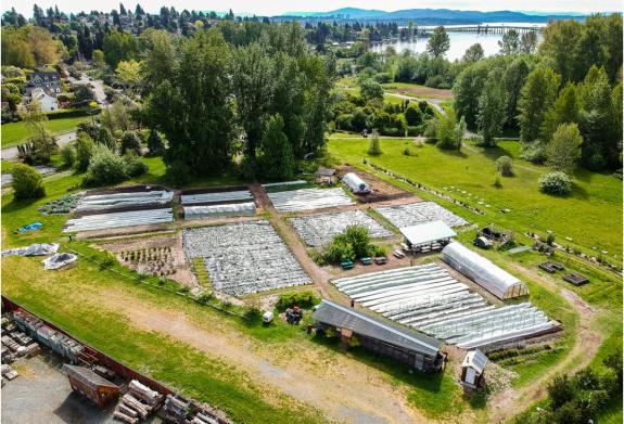 High view of the UW Farm and its many structures and paths 