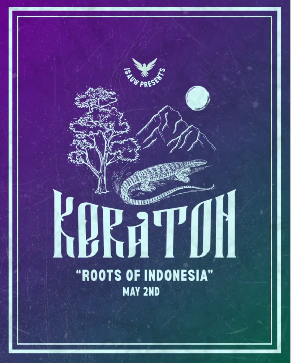Poster for Keraton 2026, featuring the theme ‘Roots of Indonesia’ with illustrations of a tree, mountains, and a Komodo dragon, set against a purple and teal background. Event date: May 2nd.