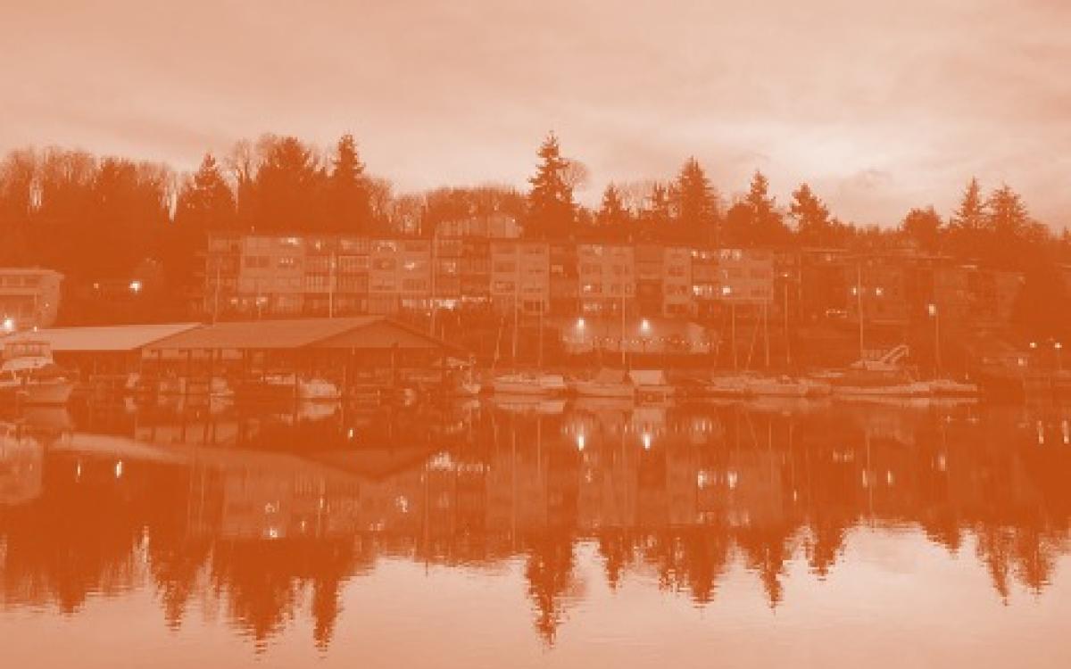 reflection of water at ballard locks in an orange hue