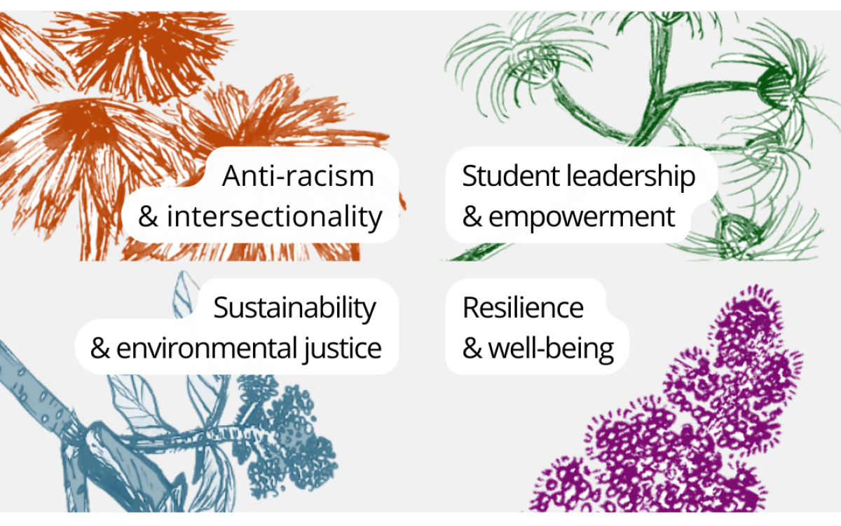 four panel colored image with wildflower drawings, listing the four values: sustainability & environmental justice, resilience & well-being, anti-racism & intersectionality, and student leadership & empowerment