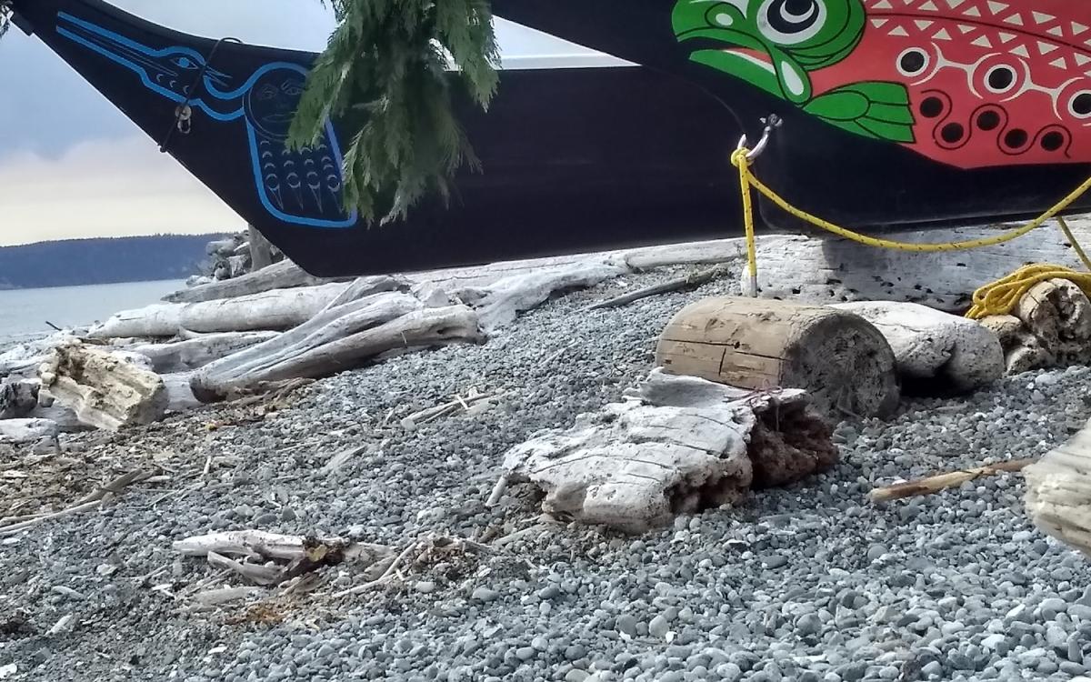 Pictures of two beautiful canoes resting on the shore