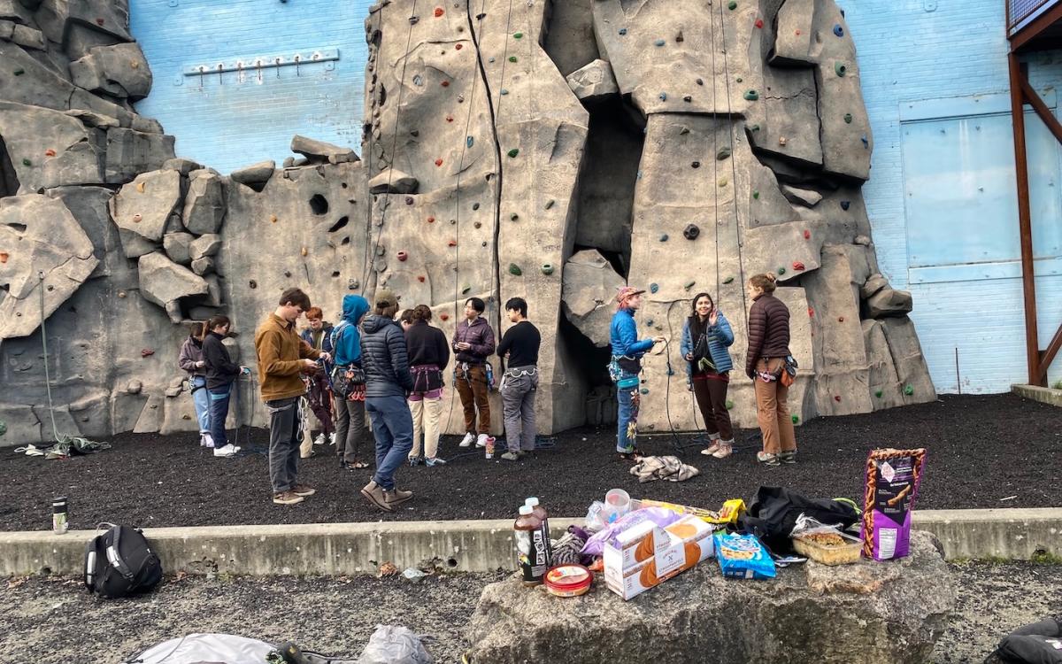 Group of students at climbing wall 