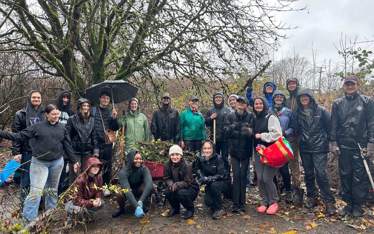 Group of students standing in rain gear and umbrellas, large tree in background 