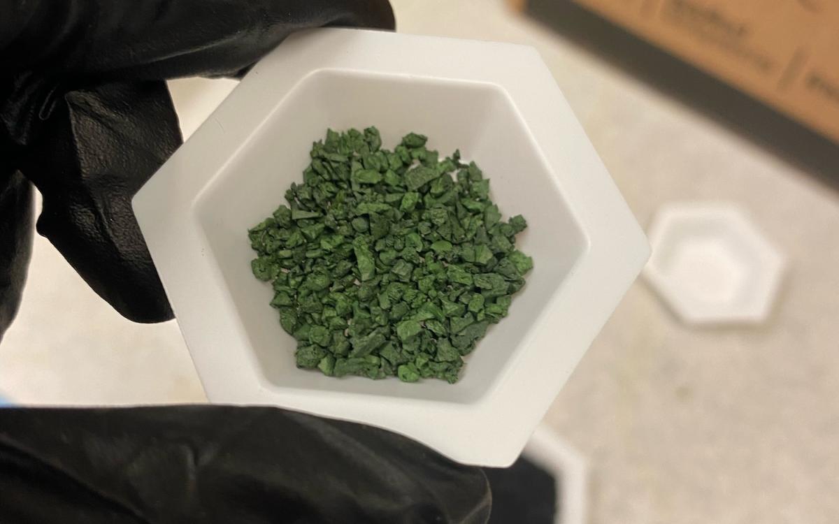 Green turf pieces in white bowl 